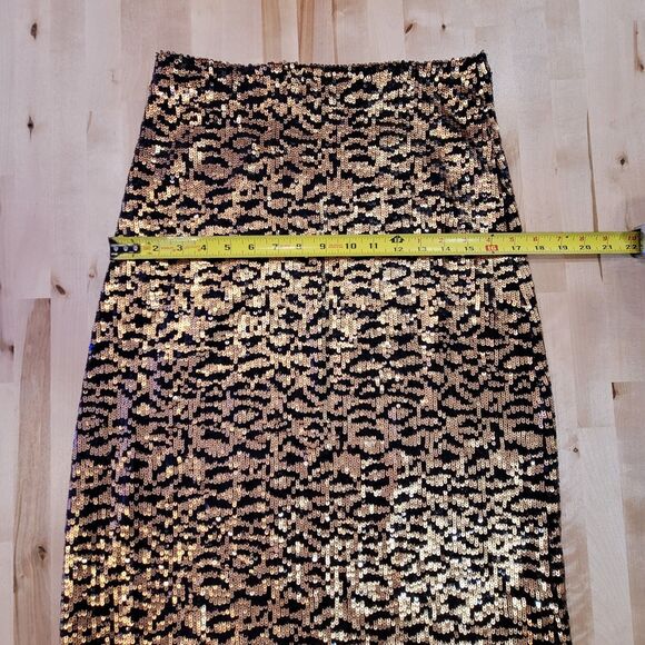 ZARA Tiger Print Knit Midi Sequin Skirt Black Gold Size M Pull On Elastic Waist - Picture 4 of 12